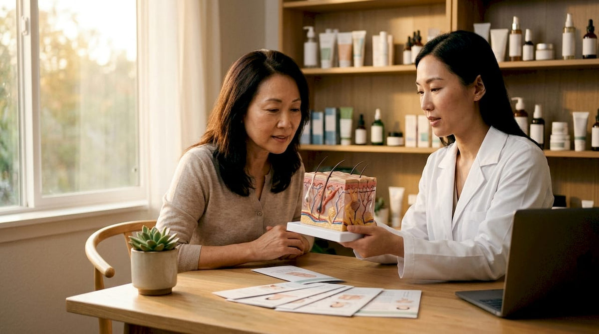 Woman consulting about skin lipid barrier with dermatologist