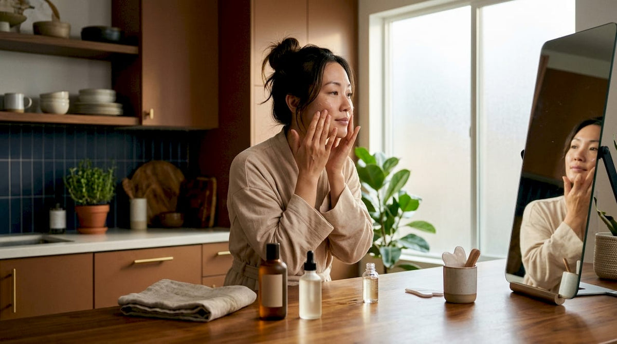 Woman applying skincare serum in bathroom mirror