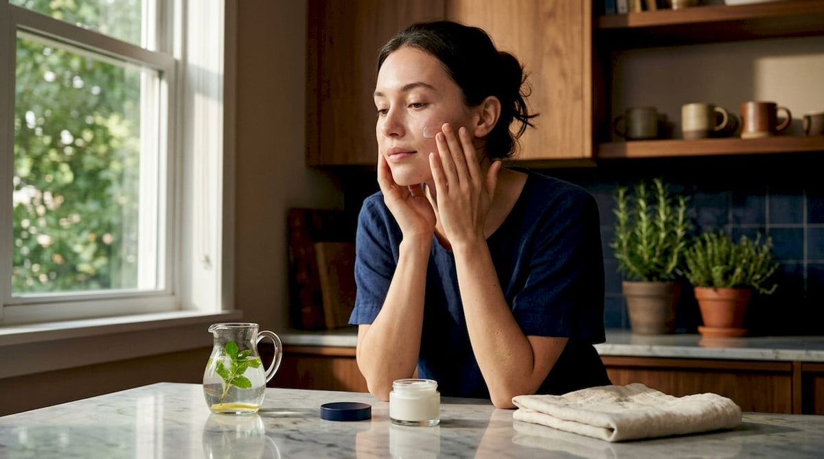Woman applying moisturizer to sensitive skin