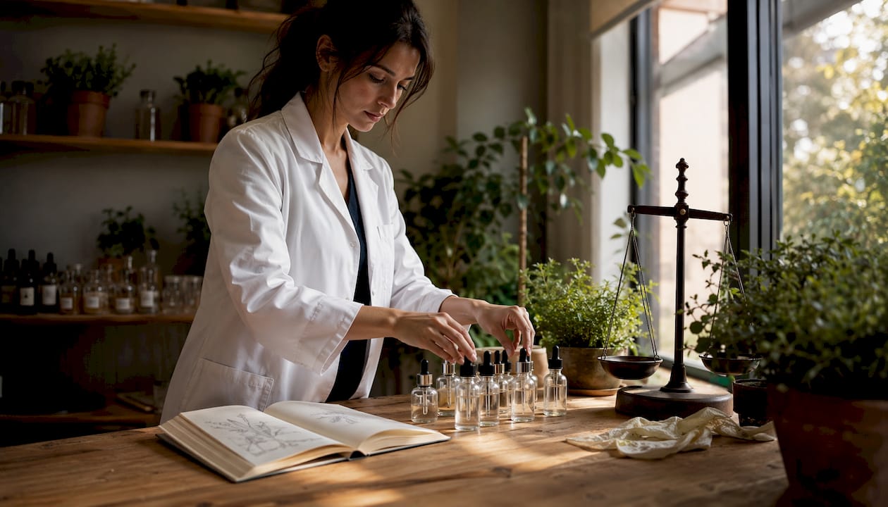Dermatologist arranging skin serums on a counter