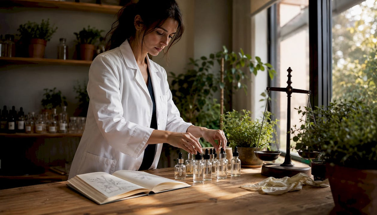 Dermatologist arranging skin serums on a counter