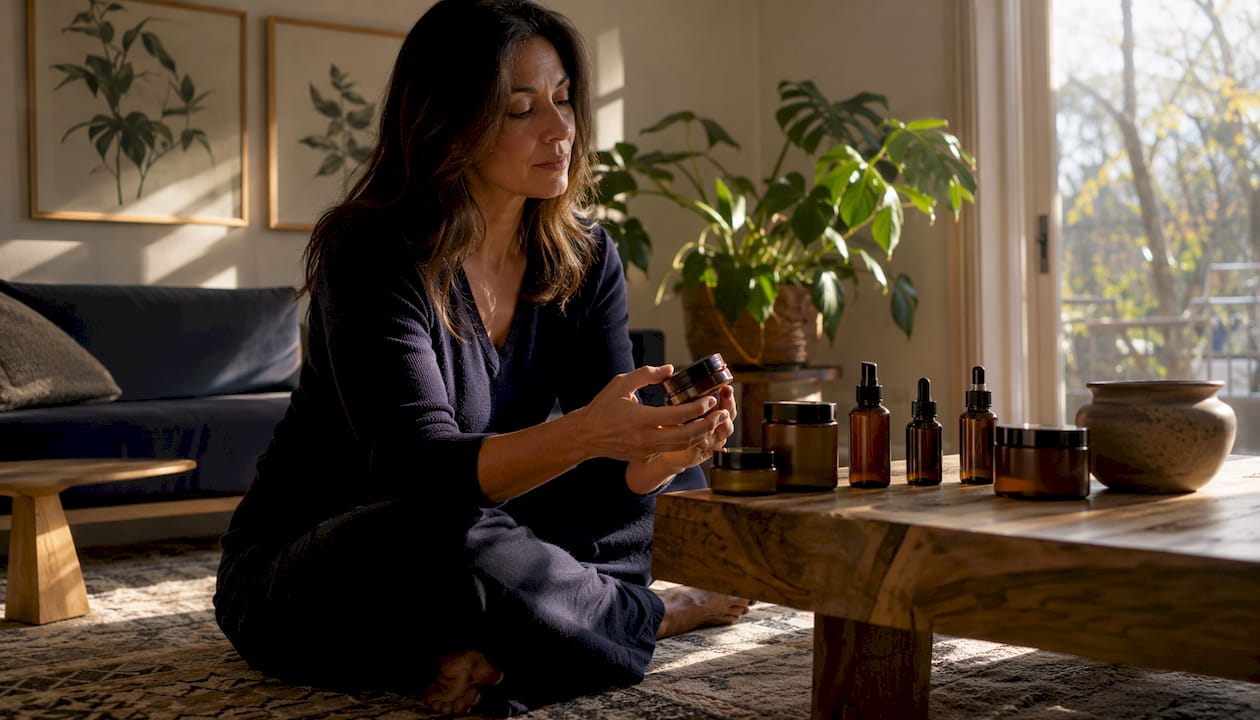 Woman examining bioactive skincare products at vanity