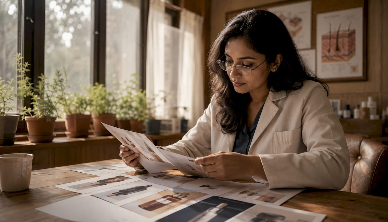 Dermatologist reviewing skincare serums at desk