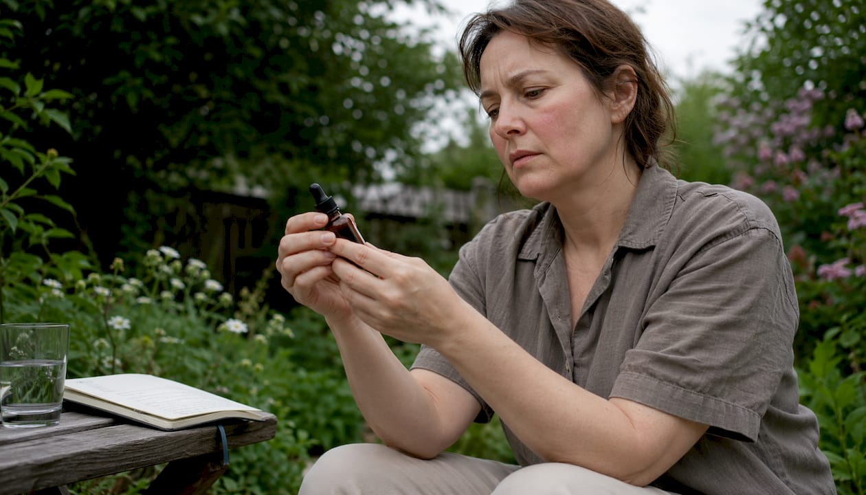 Woman inspecting skincare product due to skin sensitivity