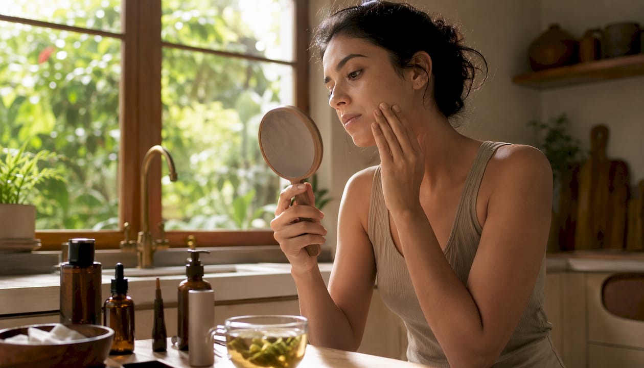 Woman examining skin closely in mirror