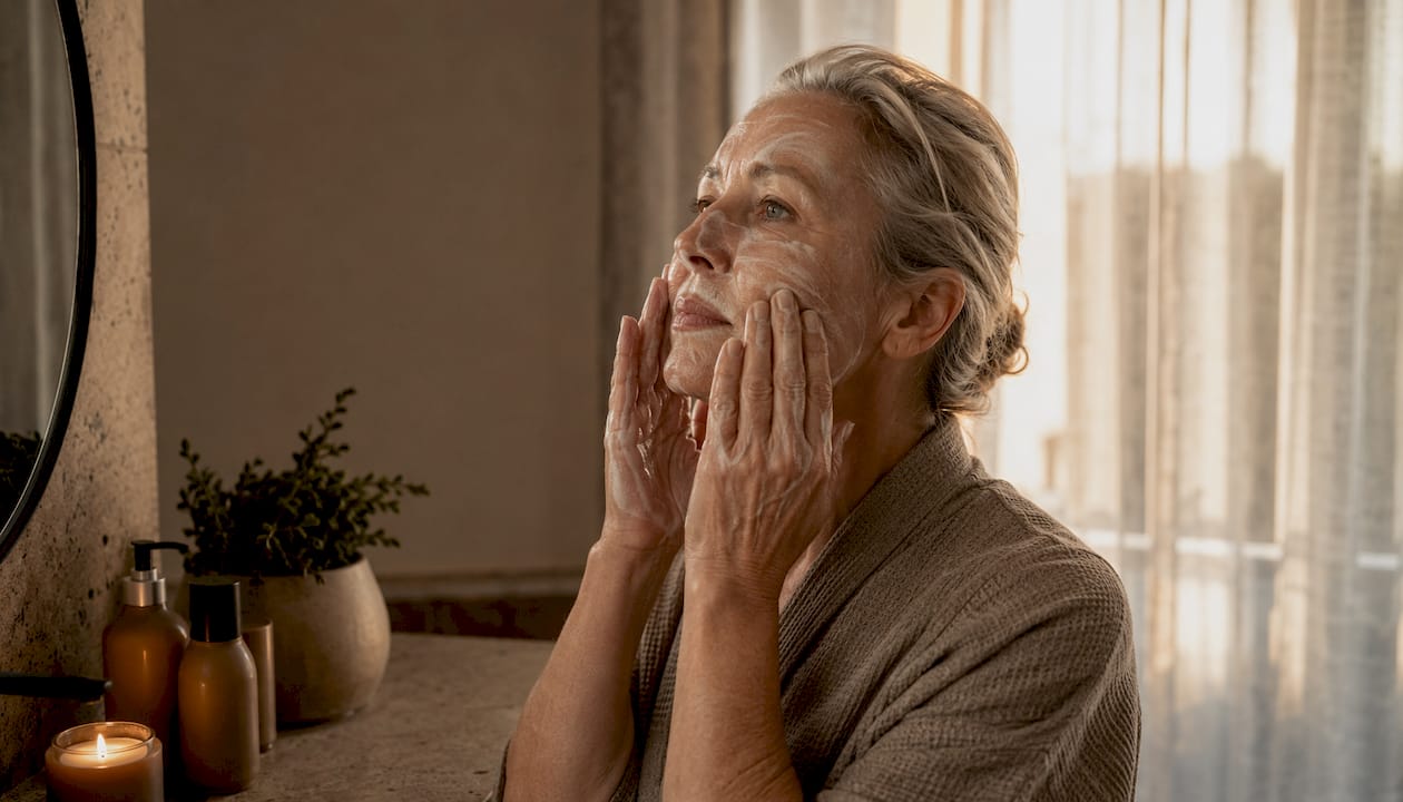Mature woman applying cleanser in home bathroom