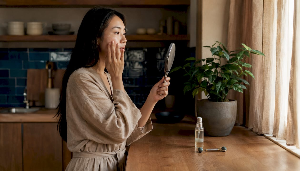 Woman applying skincare serum at home vanity