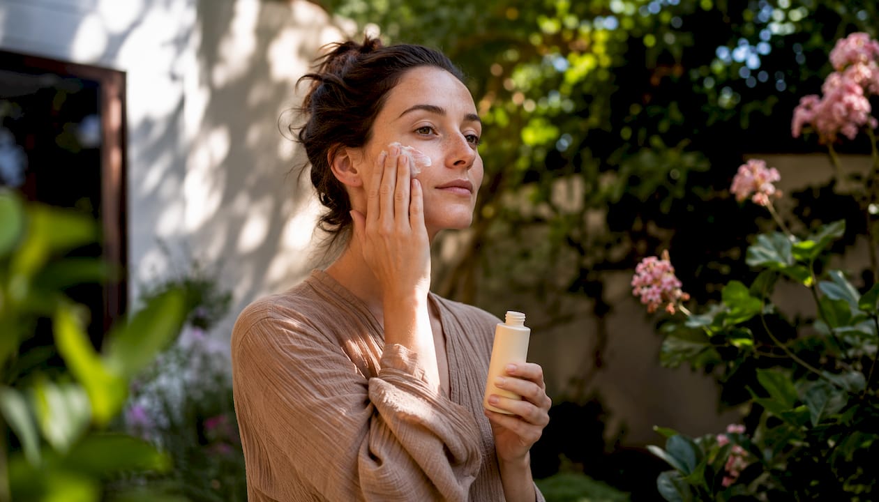 Woman applying sunscreen to sensitive skin
