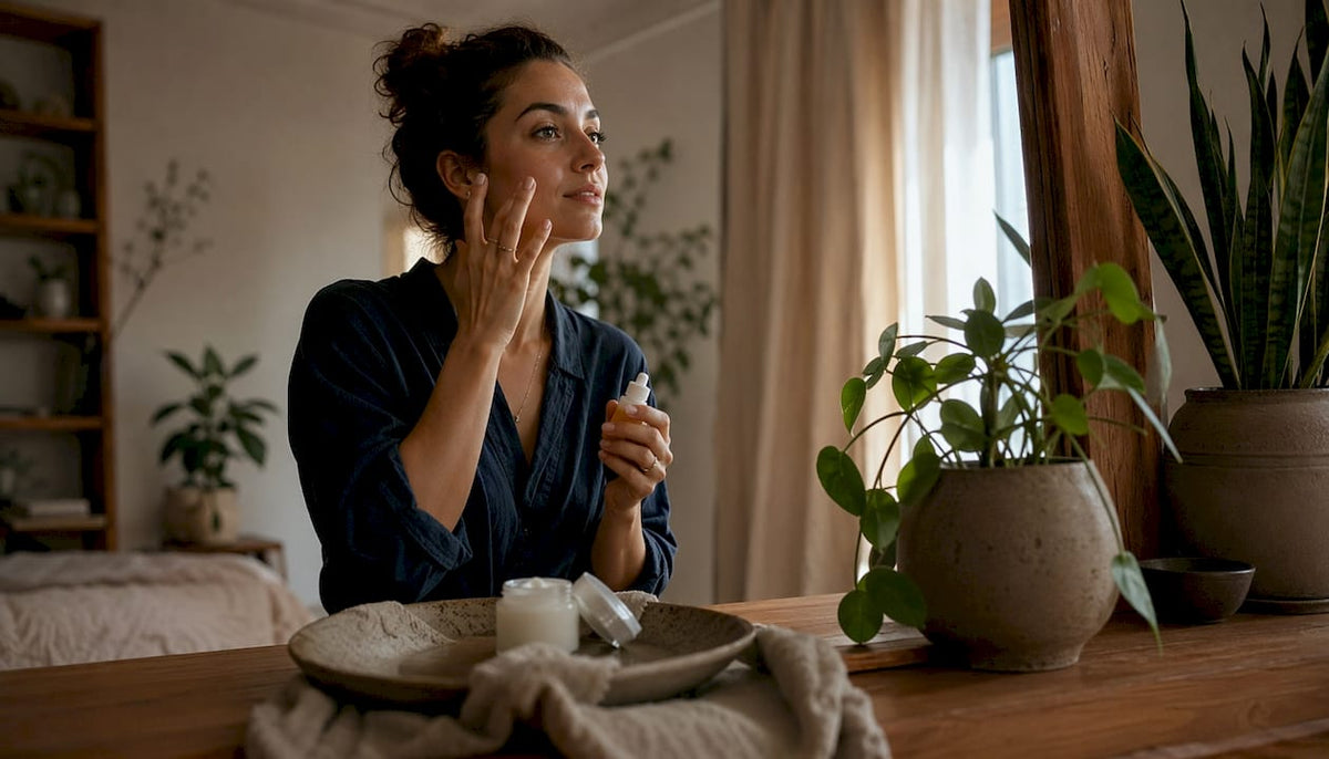 Woman applying volumizing skincare serum at home
