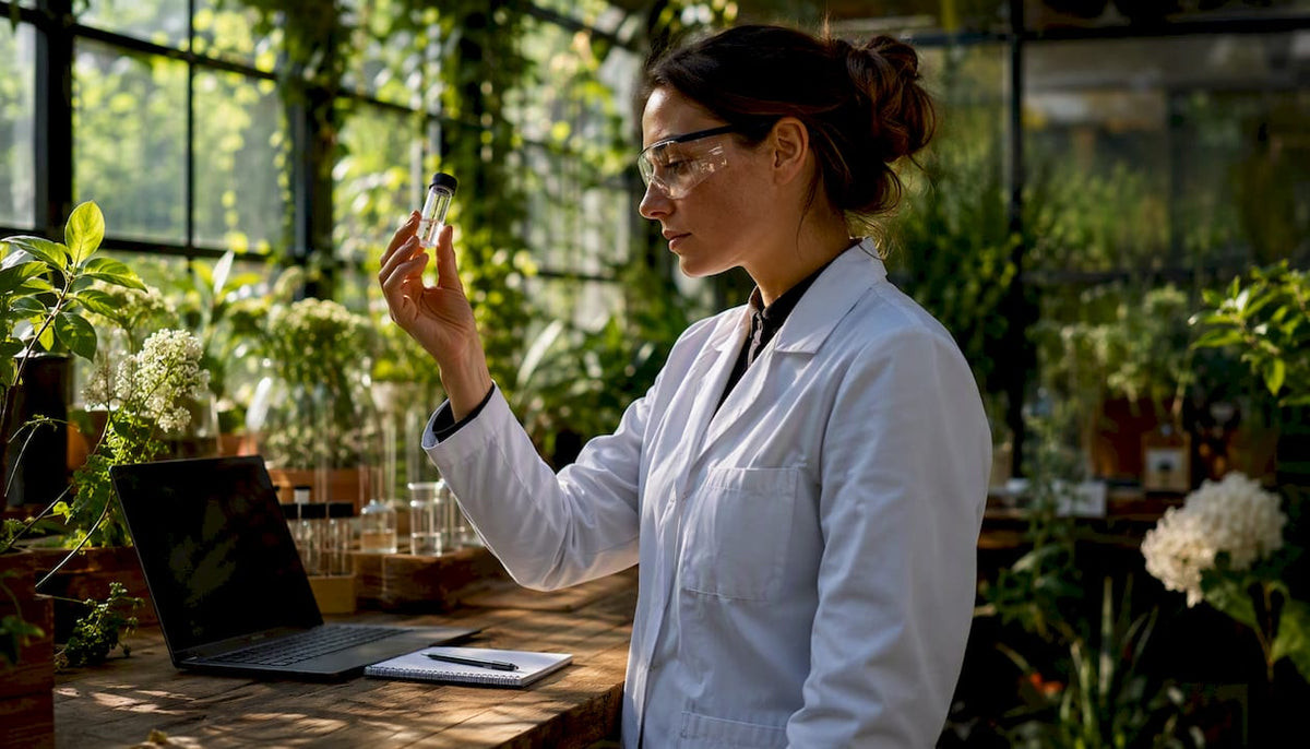 Scientist examining polynucleotide vial in lab