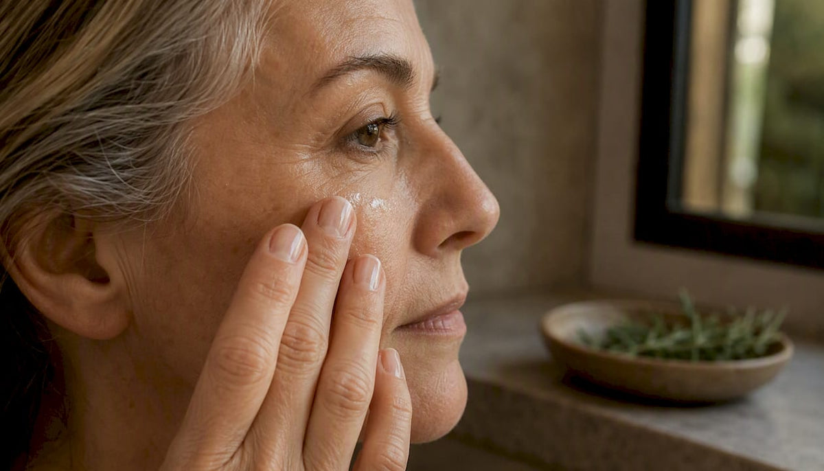Hand applying serum on aging facial skin