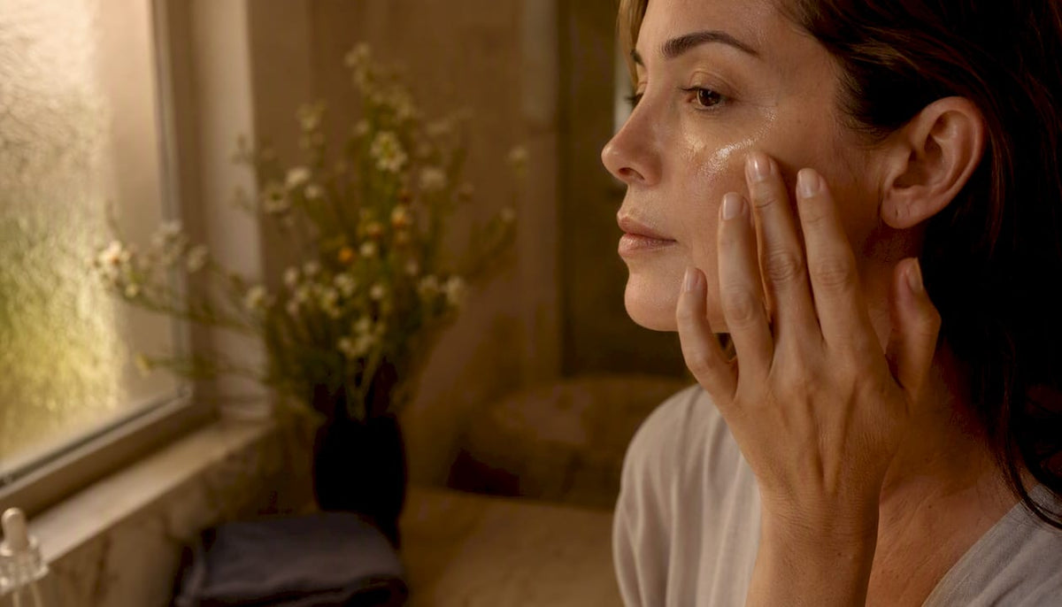 Woman applying serum to her facial skin