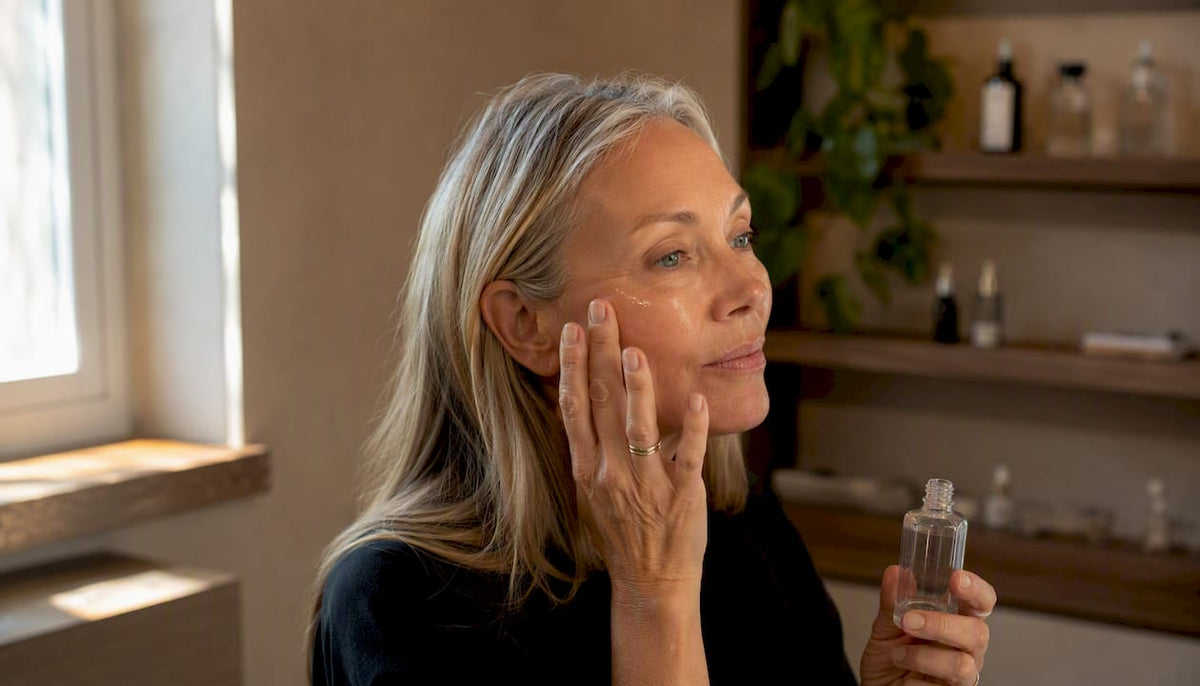 Hands applying peptide serum on face