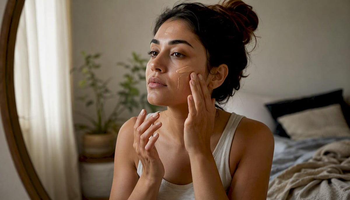 Hands applying tinted sunscreen on face