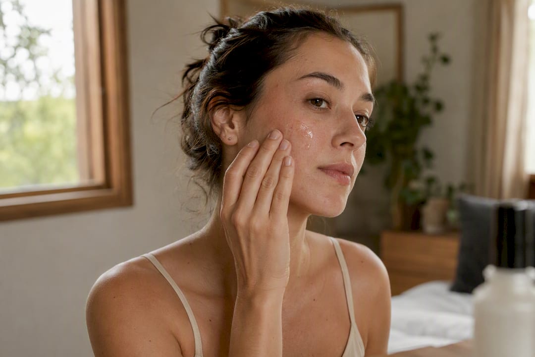 Person applying lightweight serum to cheek