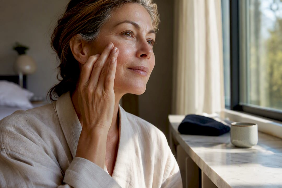 Woman applying sunscreen during morning skincare