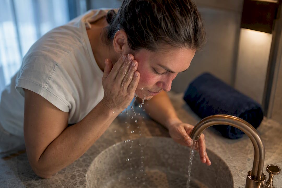 Person rinsing irritated cheek with cool water