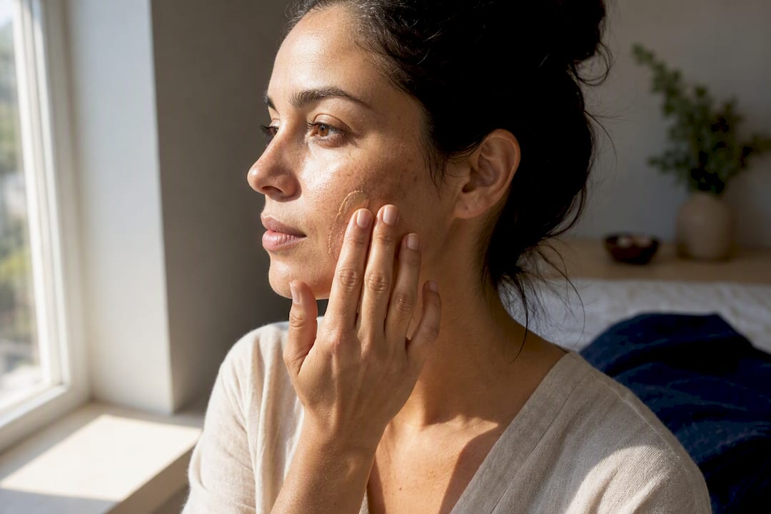 Woman applying tinted SPF postpartum