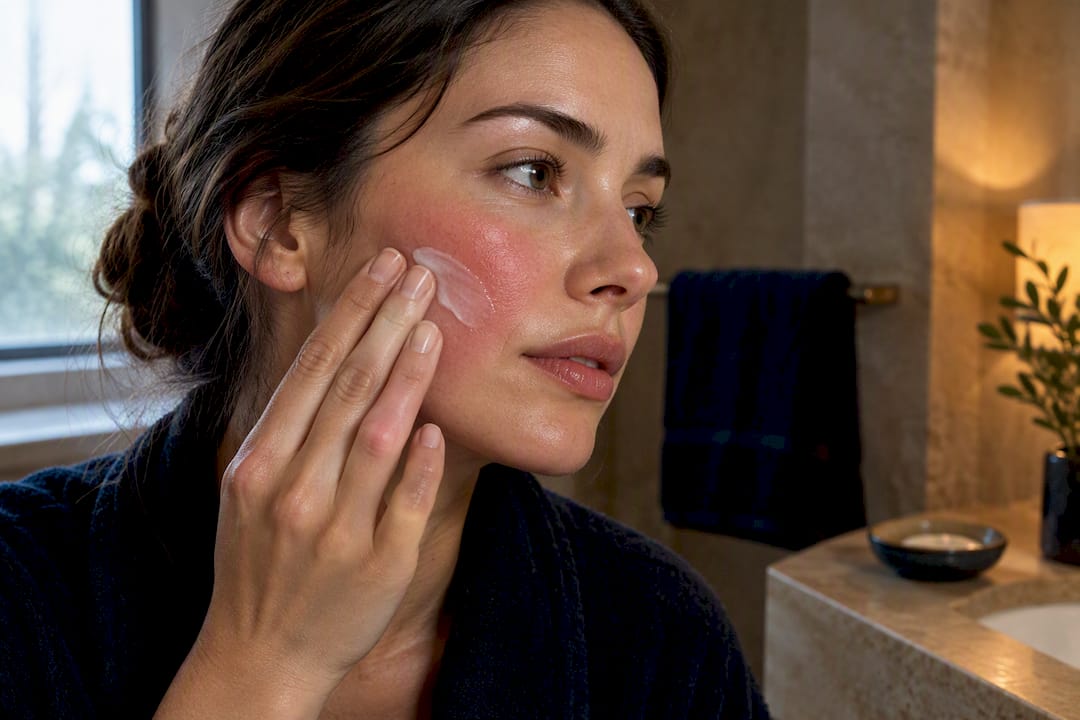 Woman gently moisturizing irritated cheek